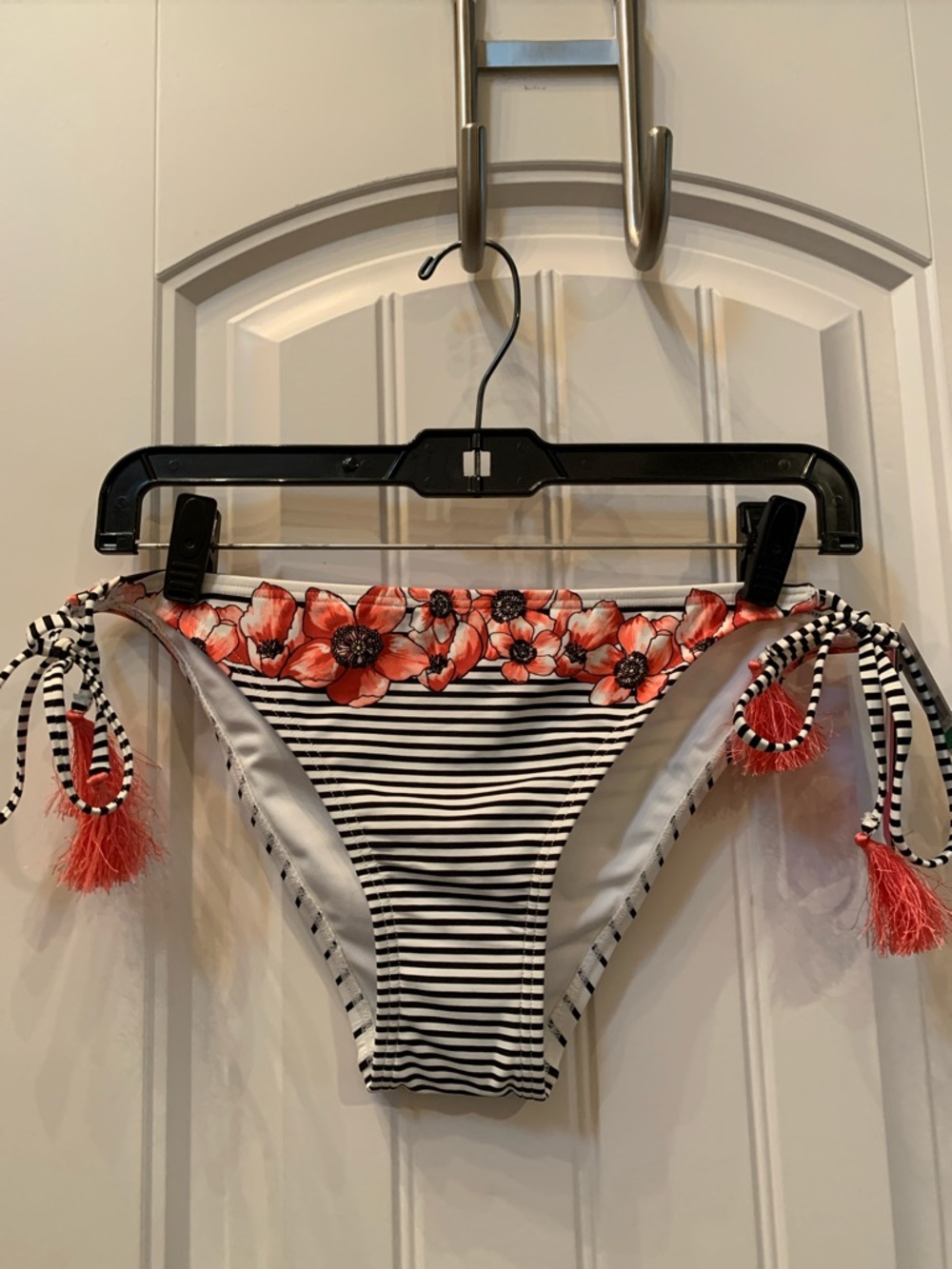Vince Camuto Black & White Striped Bikini Bottom with Coral Floral Band
